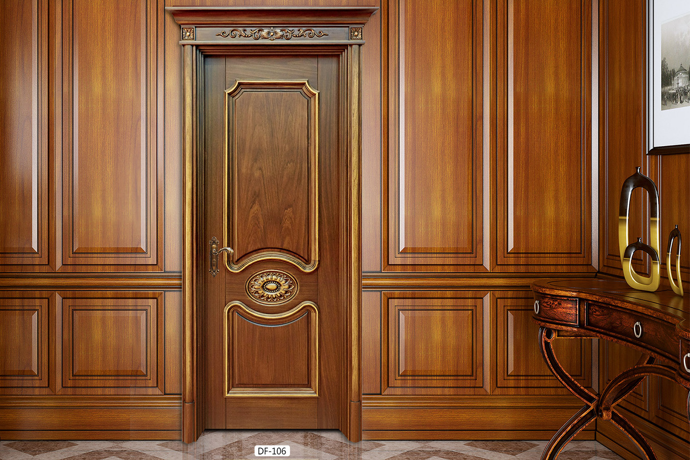 廠家直銷愉X-4061平開雕花仿古實木烤漆門